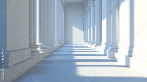 A serene corridor featuring elegant columns that cast gentle shadows, embodying a tranquil and minimalist architectural space.