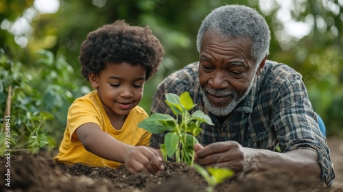 Grandfather and grandson gardening together in their garden