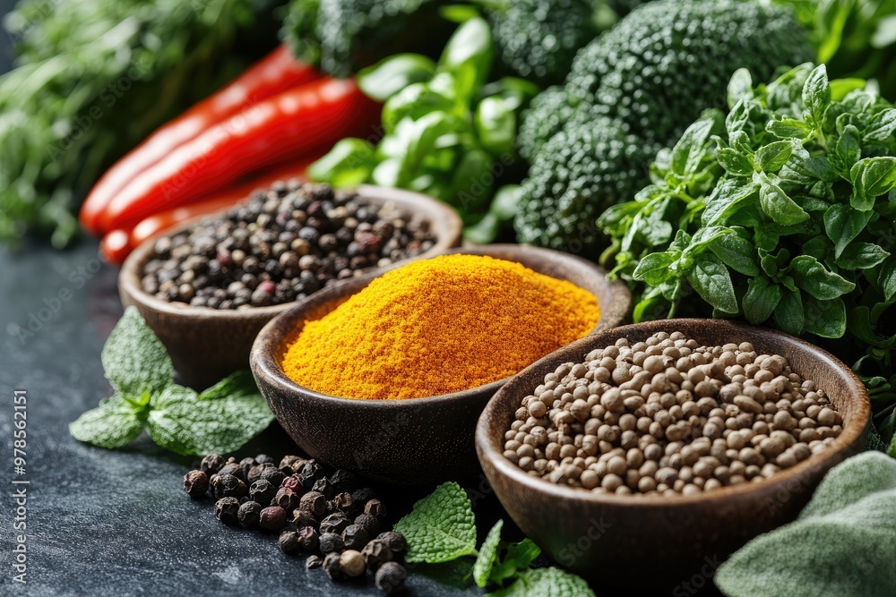 Fresh herbs and spices being displayed with vegetables on a countertop Fresh herbs and spices being displayed with vegetables on a countertop