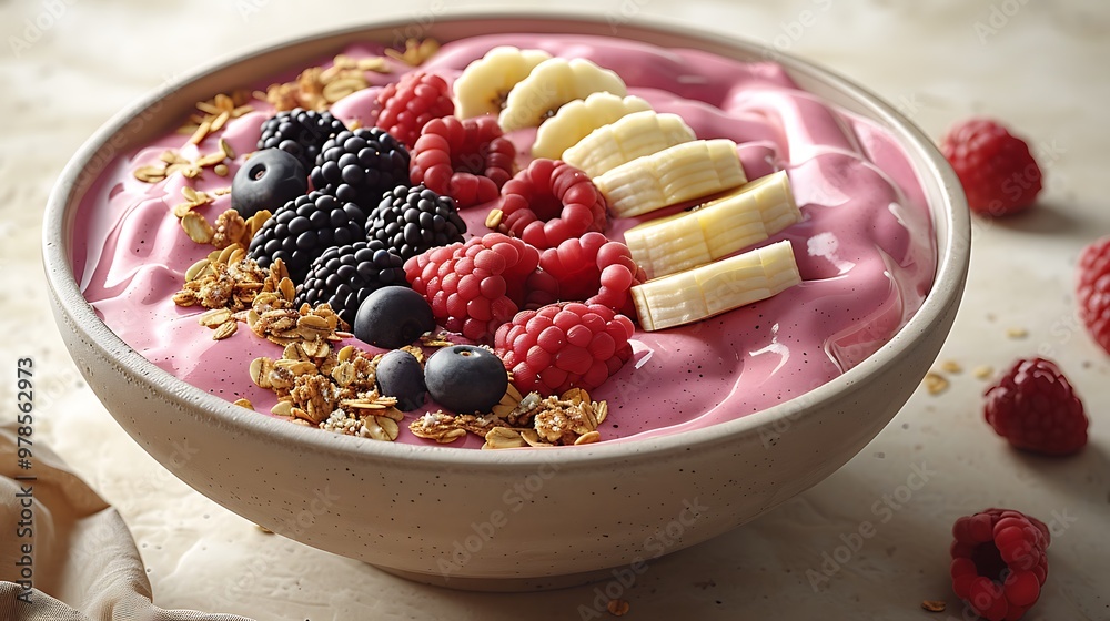 Pink Smoothie Bowl with Raspberries  Blackberries  Blueberries  Banana  and Granola