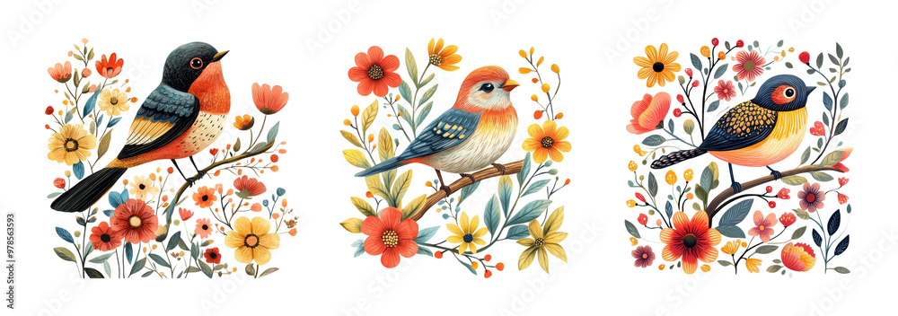 Artistic Birds and Flowers Illustrations With Vibrant Colors