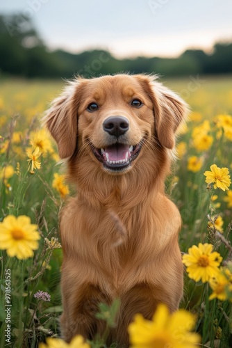 Golden retriever smiling and posing in field of flowers