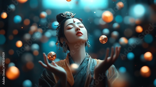 A serene woman in traditional attire gracefully manipulates glowing orbs in a magical, enchanting atmosphere.