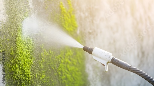 A grimy concrete wall, green mold being blasted away by a powerful stream from a pressure washer photo