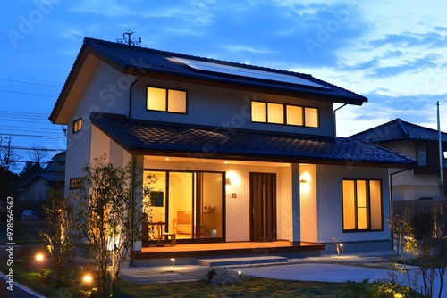 Modern Two Story House with Solar Panels and Garden Lights