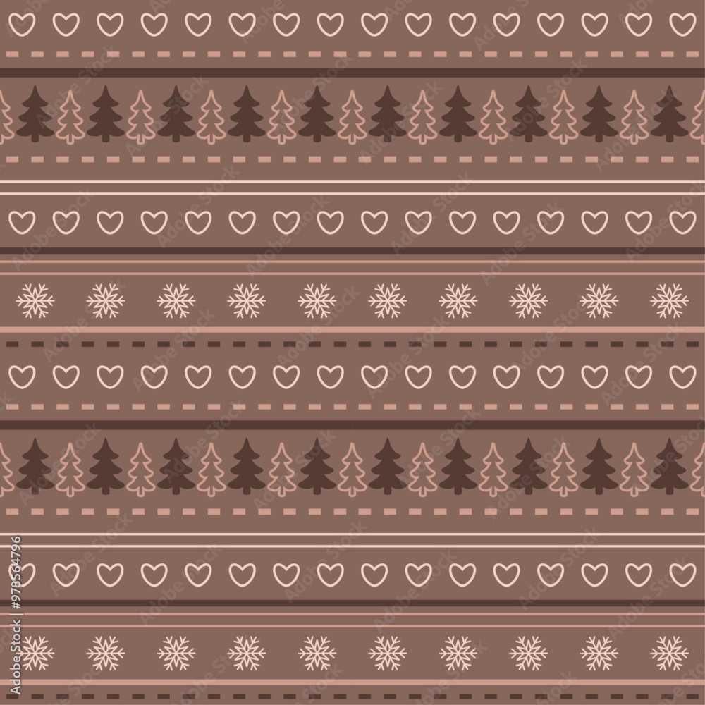 Cute winter seamless pattern with horizontal rows of fir trees, heart shapes and snowflakes Cute winter seamless pattern with horizontal rows of fir trees, heart shapes and snowflakes