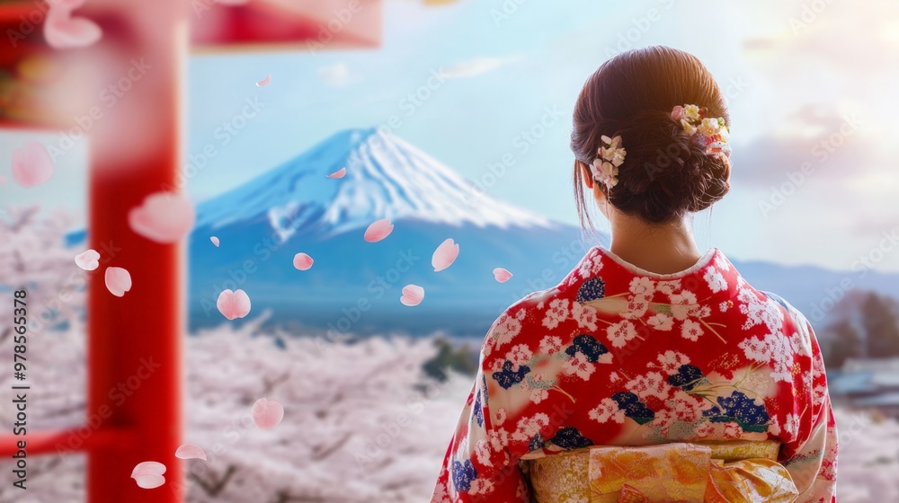 A Japanese woman in an elegant kimono, standing serenely in front of a vibrant red and white Shinto shrine. Cherry blossoms fall gently around her, while Mount Fuji looms in the distance. Her calm A Japanese woman in an elegant kimono, standing serenely in front of a vibrant red and white Shinto shrine. Cherry blossoms fall gently around her, while Mount Fuji looms in the distance. Her calm