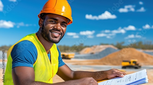 Aboriginal Mine Worker Reviewing Documents with Colleagues in Outback Australian Mining Site