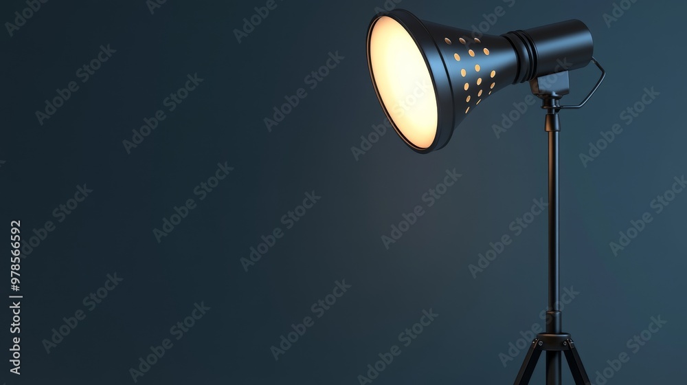 Elegant black studio lamp illuminating a dark blue wall, perfect for modern interior decor, photography, or art projects. Elegant black studio lamp illuminating a dark blue wall, perfect for modern interior decor, photography, or art projects.