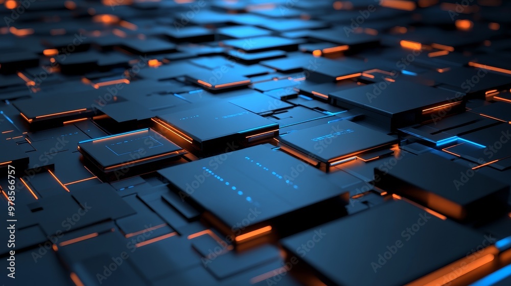 Fototapeta premium Futuristic abstract design featuring glowing blue and orange squares arranged in a modern digital landscape.