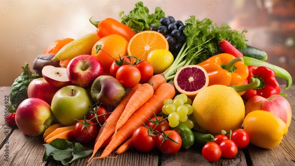 Close-up of vibrant fresh fruits and vegetables arranged in a balanced layout on a wooden table, symbolizing healthy gut nutrition and natural wellness Close-up of vibrant fresh fruits and vegetables arranged in a balanced layout on a wooden table, symbolizing healthy gut nutrition and natural wellness