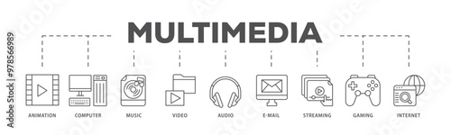 Multimedia infographic icon flow process which consists of e mail, video, audio, internet, streaming, gaming, music, computer, animation icon live stroke and easy to edit 