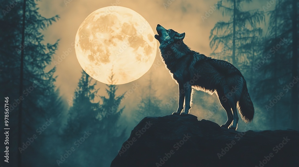 A wolf howls at the moon, its shadow against a simple forest background.
