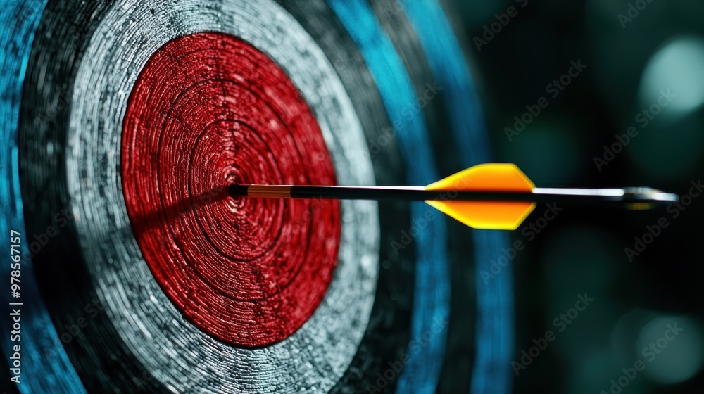 Precision Archery Target Bullseye with Arrow in Mid-Flight, Copy Space for Text Background Precision Archery Target Bullseye with Arrow in Mid-Flight, Copy Space for Text Background