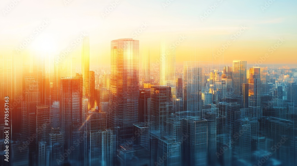 Majestic city skyline illuminated by golden sunrise, showcasing modern architecture and a serene urban atmosphere. Majestic city skyline illuminated by golden sunrise, showcasing modern architecture and a serene urban atmosphere.