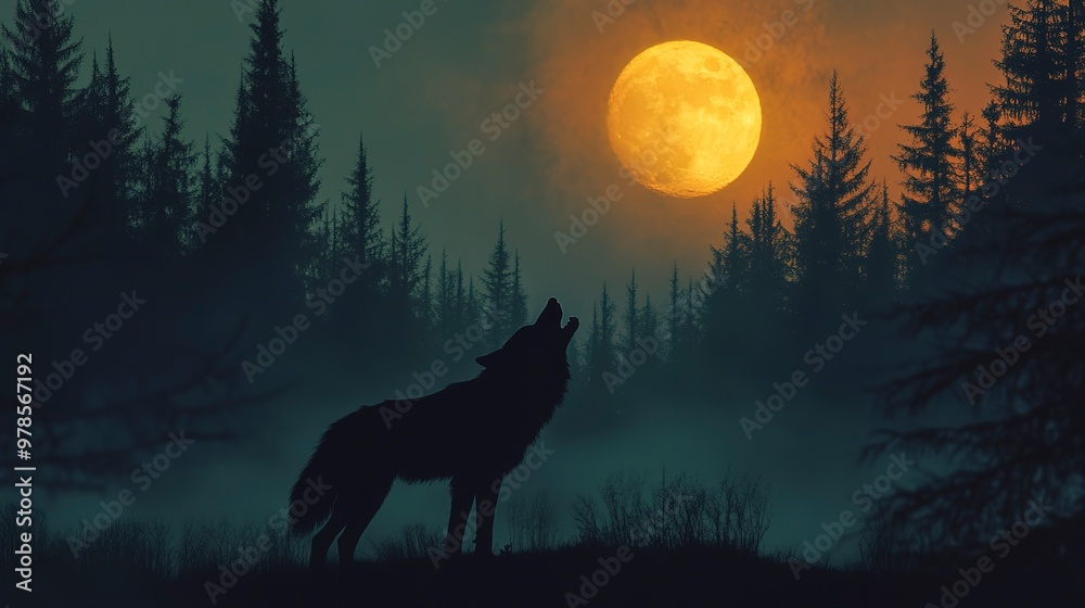A wolf howls at the moon, its shadow against a simple forest background. A wolf howls at the moon, its shadow against a simple forest background.