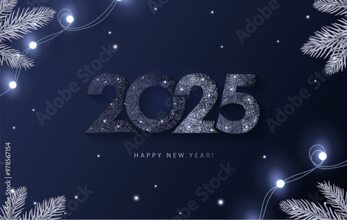 Happy New Year 2025 beautiful sparkling design of numbers on dark blue background with lights, pine branches and shining falling snow. Trendy modern winter banner, poster or greeting card template