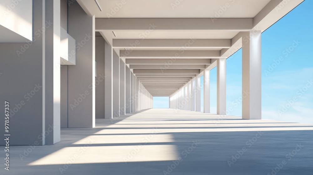 Fototapeta premium Modern architectural space featuring clean lines, natural light, and a sense of openness under a bright blue sky.