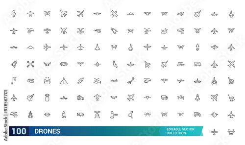 Drones icon collection. Aviation icon set. Airplane icons pack. Thin Line art icons with editable formate, Linear icons. Vector illustration