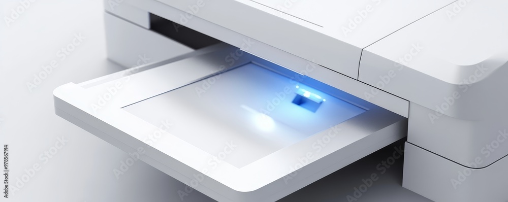 Modern printer with a blue indicator light and open tray for easy paper insertion in a sleek, minimalist design. Modern printer with a blue indicator light and open tray for easy paper insertion in a sleek, minimalist design.