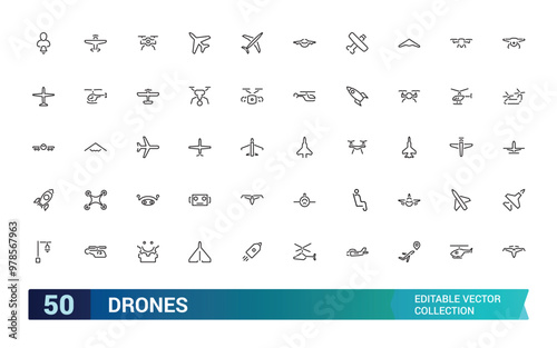 Drones icon collection. Aviation icon set. Airplane icons pack. Thin Line art icons with editable formate, Linear icons. Vector illustration