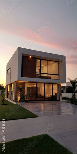 Modern House Design With A Beautiful Sunset Sky