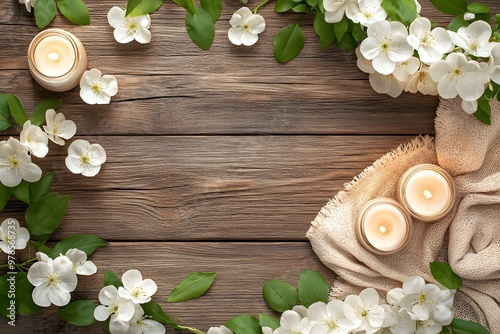 White Flowers and Candles on Wooden Background