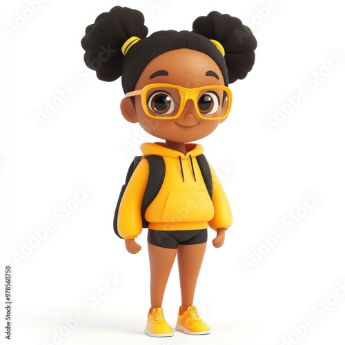 A playful 3D cartoon girl with puffy buns wearing a bright yellow hoodie and matching shoes, swimming with goggles and swim gear against a clean white background in full body view.