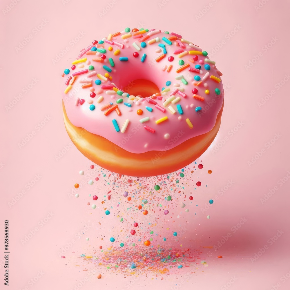 Creative food template. Pink frosting donut doughnut floating flying with dropping colourful sprinkles on pastel background
