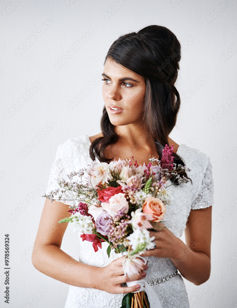 Studio, thinking and woman with flowers for wedding, special day and pride for getting married. Female person, bride and floral bouquet by white background for ceremony, marriage event and commitment Studio, thinking and woman with flowers for wedding, special day and pride for getting married. Female person, bride and floral bouquet by white background for ceremony, marriage event and commitment