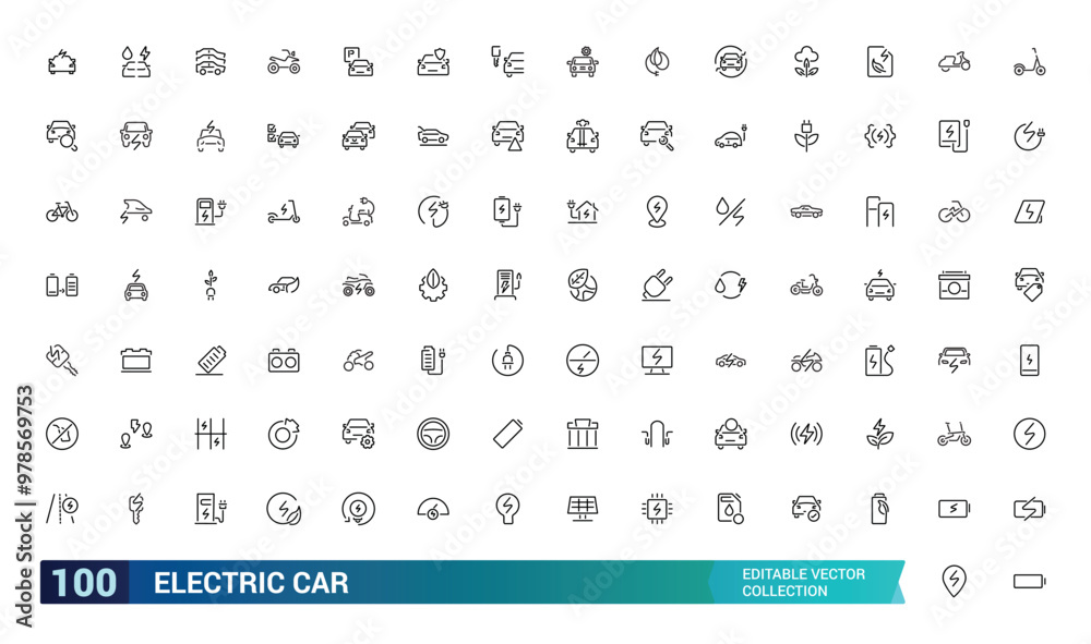 Electric car minimal thin line icons collections. Related charging station, battery, ecology, vehicle. Linear icon collection. Vector illustration. Electric car minimal thin line icons collections. Related charging station, battery, ecology, vehicle. Linear icon collection. Vector illustration.