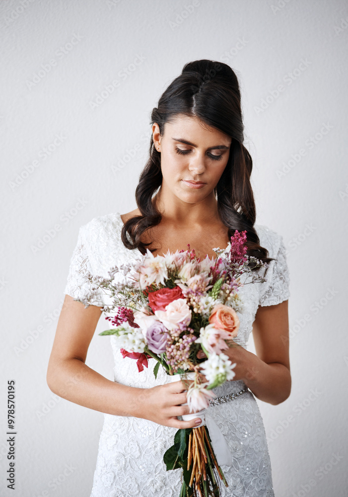 Studio, woman and bunch of flowers for wedding, special day and confidence for getting married. Female person, bride and floral bouquet by white background for ceremony, marriage event and commitment Studio, woman and bunch of flowers for wedding, special day and confidence for getting married. Female person, bride and floral bouquet by white background for ceremony, marriage event and commitment
