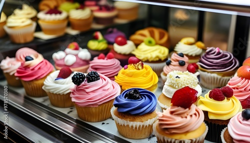 Vibrant bakery display brimming with an array of colorful cupcakes featuring diverse flavors and artistic decorations. photo