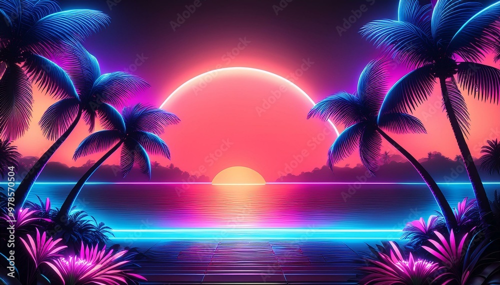 Obraz premium Neon Paradise: Tropical Nights in Retro Glow