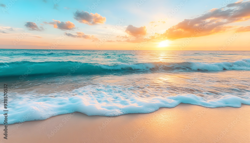 Crystal-clear turquoise waters with gentle waves lapping at a pristine beach under a golden sunset Crystal-clear turquoise waters with gentle waves lapping at a pristine beach under a golden sunset