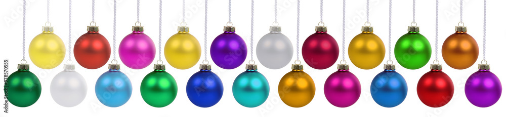 Christmas ornaments many balls baubles decoration banner hanging isolated on white Christmas ornaments many balls baubles decoration banner hanging isolated on white