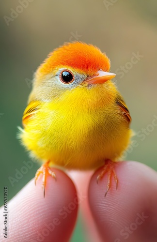 The world's tiniest bird, a yellow and orange miniature bird perched on the tip of someone's finger AI photo photo