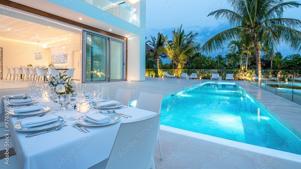 Fototapeta premium Enchanting Dining Ambiance by the Pool at a Glamorous Villa Party with Vibrant Decor