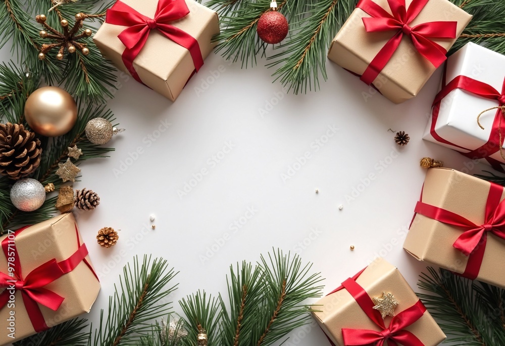Christmas composition with gift boxes, card balls fir branches pine cones with copy space. Christmas