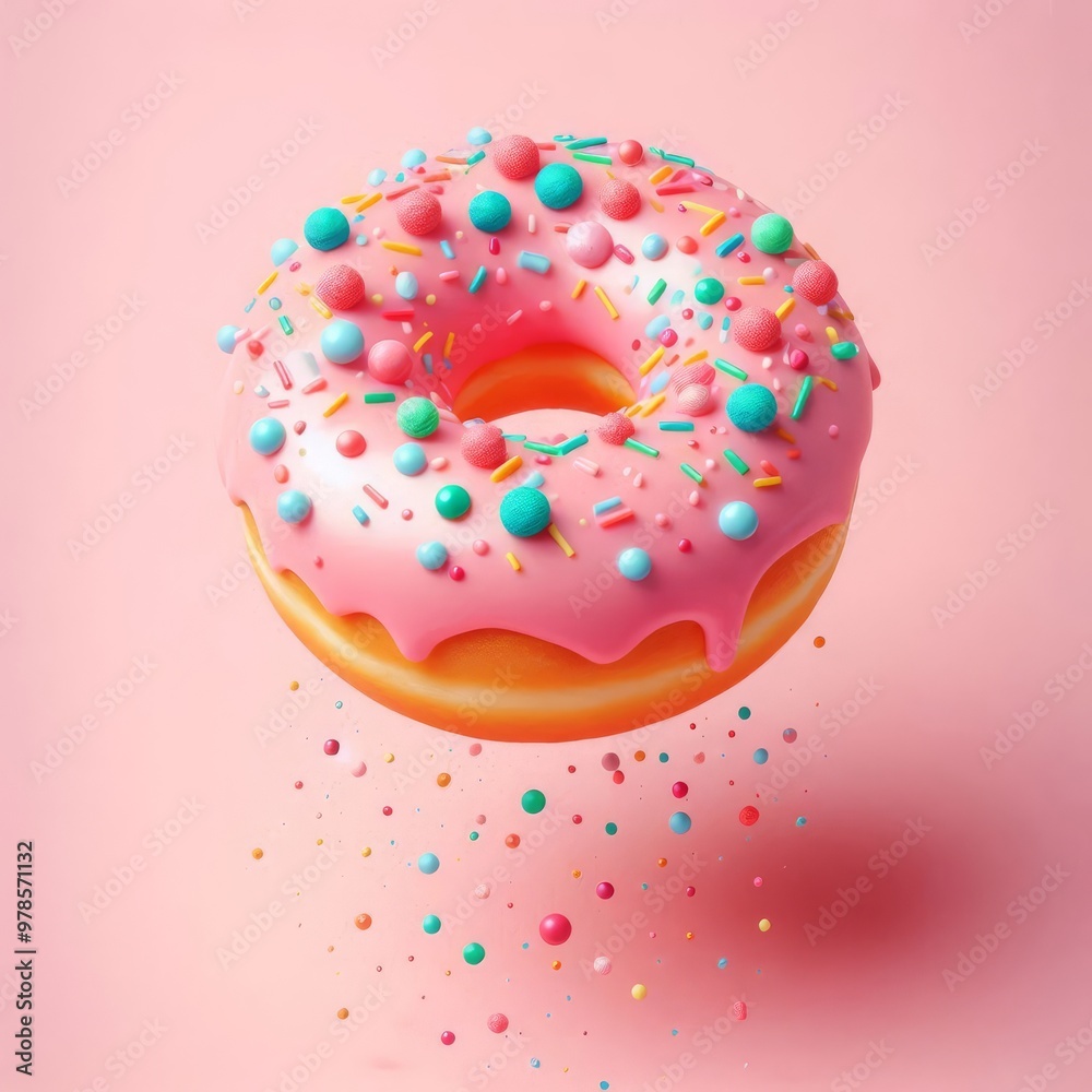 Creative food template. Pink frosting donut doughnut floating flying with dropping colourful sprinkles on pastel background
Creative food template. Pink frosting donut doughnut floating flying with dropping colourful sprinkles on pastel background