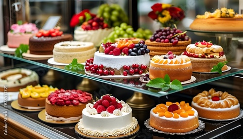 Elegant bakery display featuring an exquisite collection of decorated cakes adorned with fresh fruit and vibrant flowers