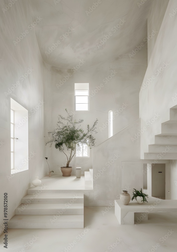 Fototapeta premium Minimalist White Interior Design with Olive Tree and Stairs
