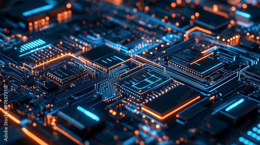 Close-up of a modern circuit board with vibrant blue and orange lighting, showcasing intricate electronic components and connections. Close-up of a modern circuit board with vibrant blue and orange lighting, showcasing intricate electronic components and connections.