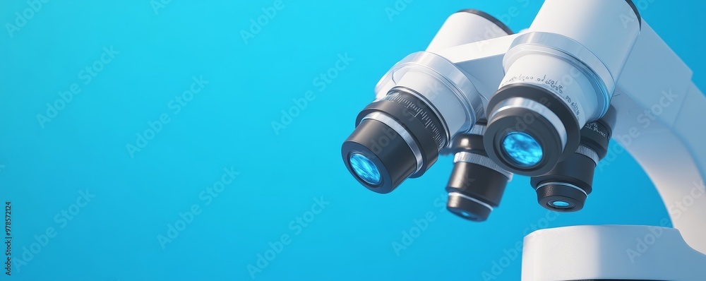 Close-up of a modern microscope in a vibrant blue background, showcasing advanced scientific equipment for research. Close-up of a modern microscope in a vibrant blue background, showcasing advanced scientific equipment for research.