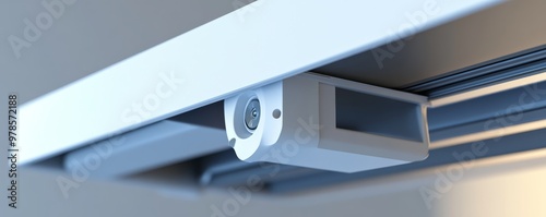 Close-up of a modern surveillance camera mounted on a ceiling track, highlighting its sleek design and advanced technology for security.