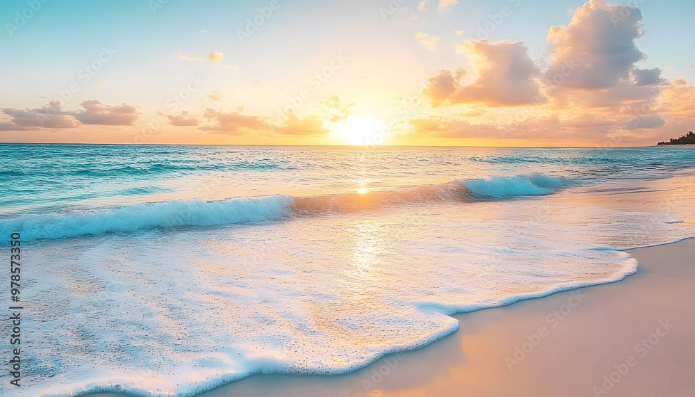 Obraz premium Crystal-clear turquoise waters with gentle waves lapping at a pristine beach under a golden sunset