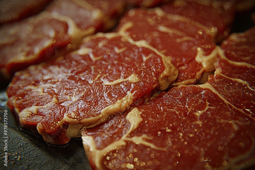 Obraz premium Closeup view of raw marbled beef steak pieces on cutting board
