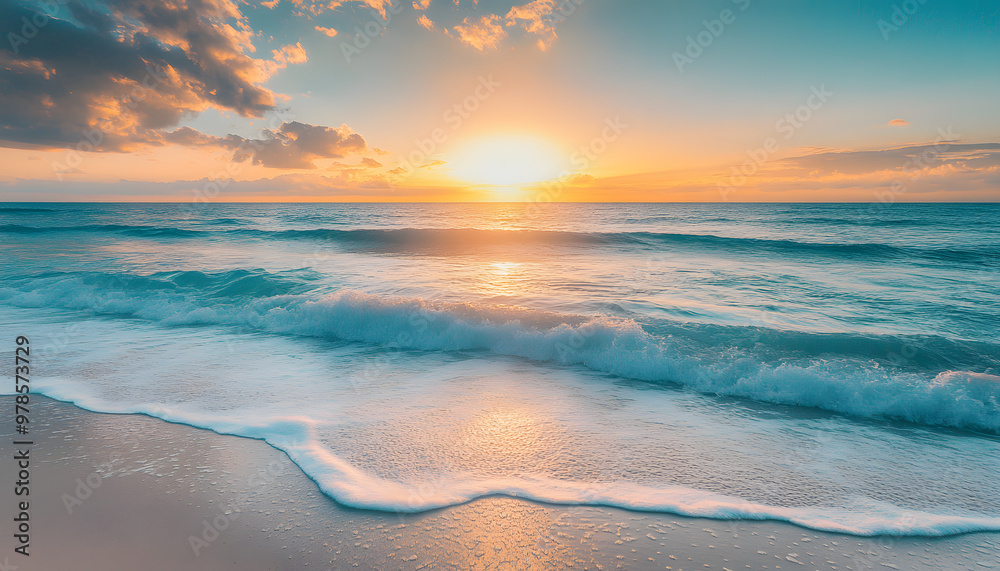 Fototapeta premium Crystal-clear turquoise waters with gentle waves lapping at a pristine beach under a golden sunset