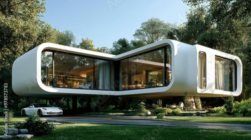 Modern architectural house surrounded by nature, showcasing a unique design and large glass windows, ideal for contemporary living.