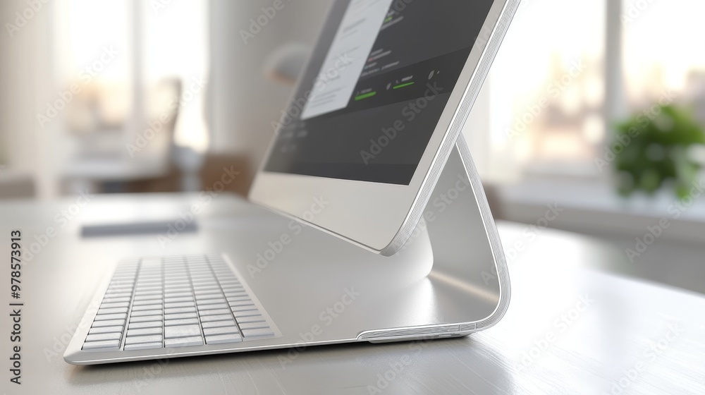 Modern computer setup with a sleek monitor and keyboard on a minimalistic desk, perfect for home or office workspace. Modern computer setup with a sleek monitor and keyboard on a minimalistic desk, perfect for home or office workspace.